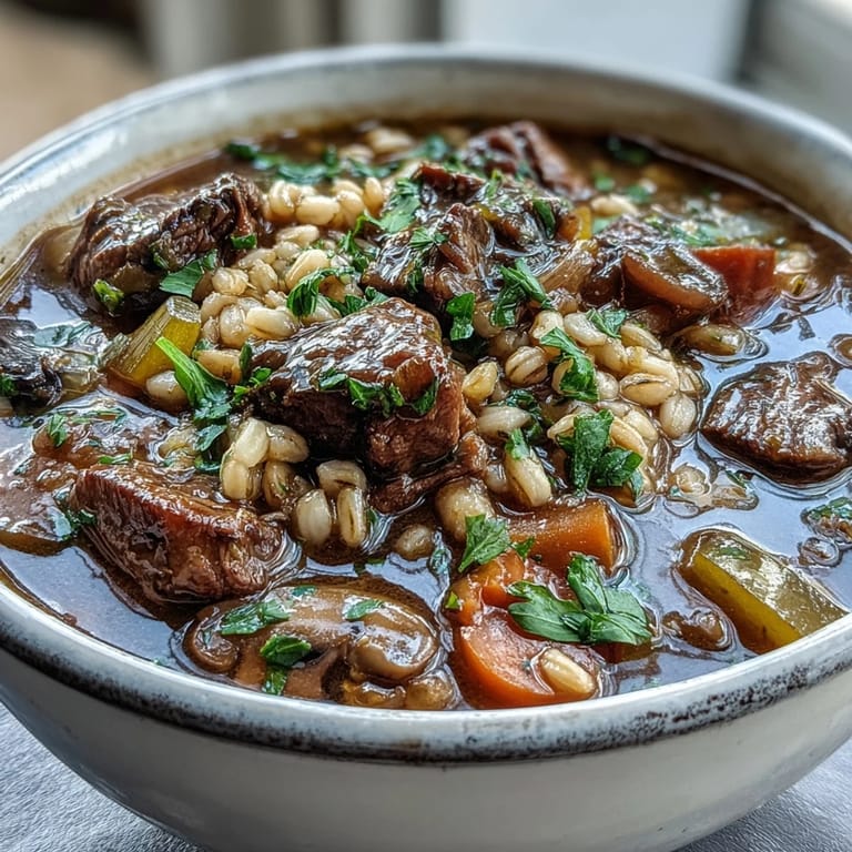 A hearty ladle of Vegetable Beef, Barley, and Mushroom Soup with chunky vegetables and tender beef.
