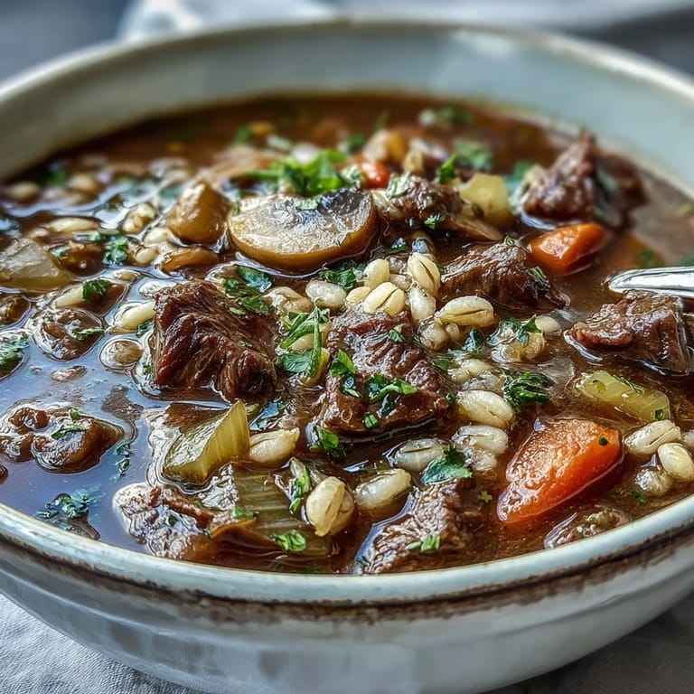 Rustic Dutch oven serving of Vegetable Beef, Barley, and Mushroom Soup with crusty bread on the side.