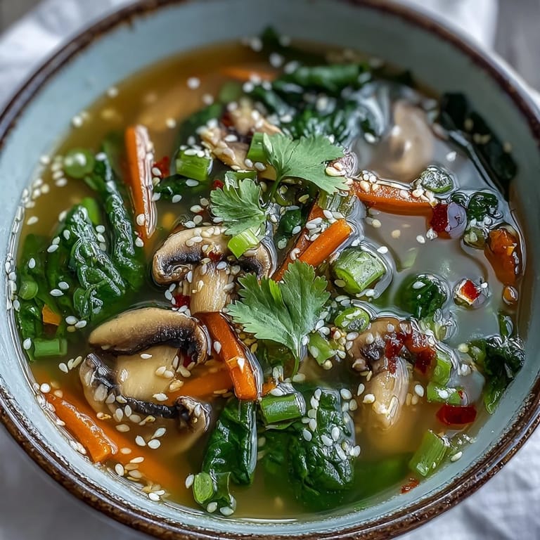 A vibrant, steaming bowl of Miso Ginger Winter Soup filled with sliced shiitake mushrooms, julienned carrots, and wilted spinach, topped with sesame seeds and fresh cilantro.