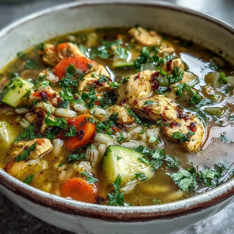 Close-up on Soothing Turmeric Chicken With Pearl Barley, highlighting diced carrots, zucchini, and pearl barley in a rich, golden-hued soup.