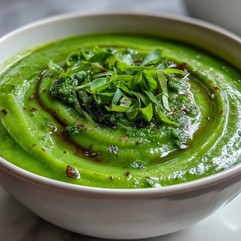 A vibrant green bowl of Courgette, Pea and Pesto Soup served with rustic crusty bread.