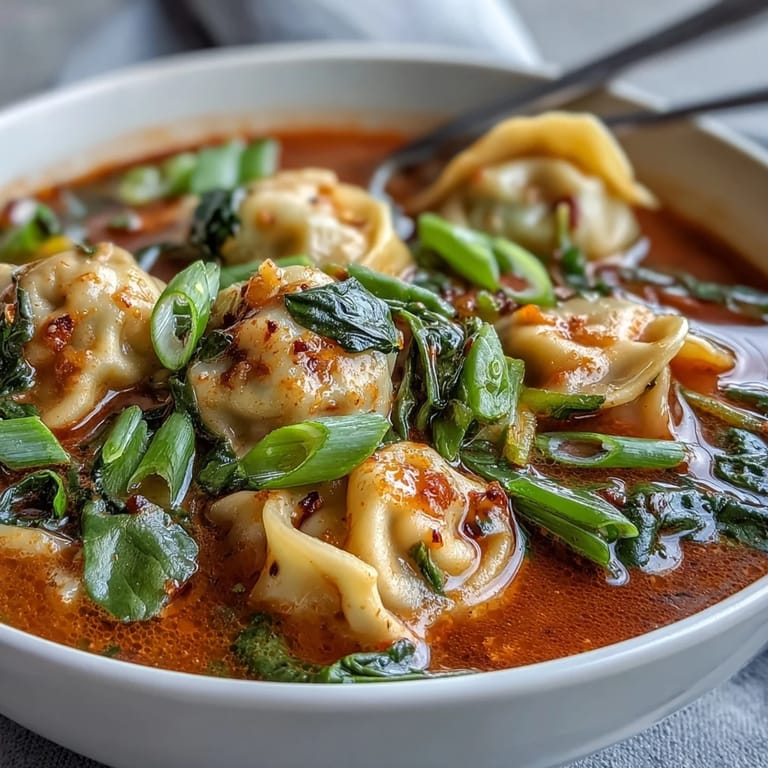 A close-up of red curry wonton soup with greens, vibrant carrots, snow peas, and cilantro garnish, steam rising from the coconut broth.