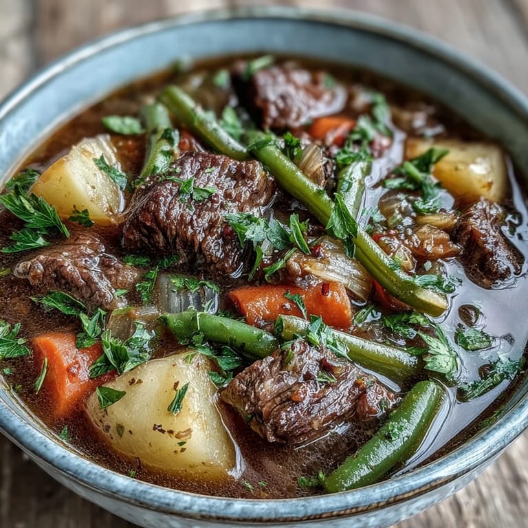 Classic beef and vegetable soup featuring savory herbs, peas, and green beans, perfect for a cozy family dinner.