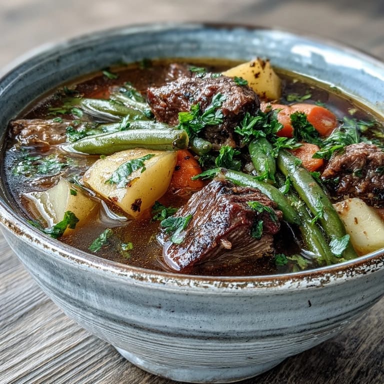 Homemade beef and vegetable soup with root vegetables in a rich broth, garnished with fresh parsley and a spoon.