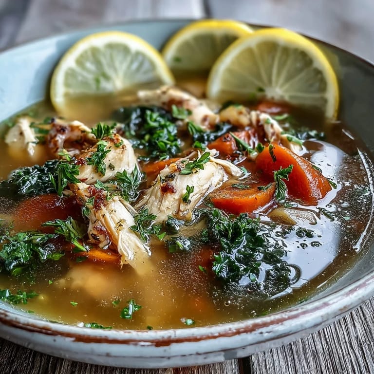 Served with a lemon wedge and spoon, this High Protein Lemon and Turmeric Chicken Soup showcases a vibrant, golden broth.