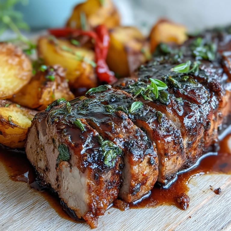 Sliced Marinated Ibérico Pork Fillet served over roasted potatoes with caramelized red peppers for a special meal.