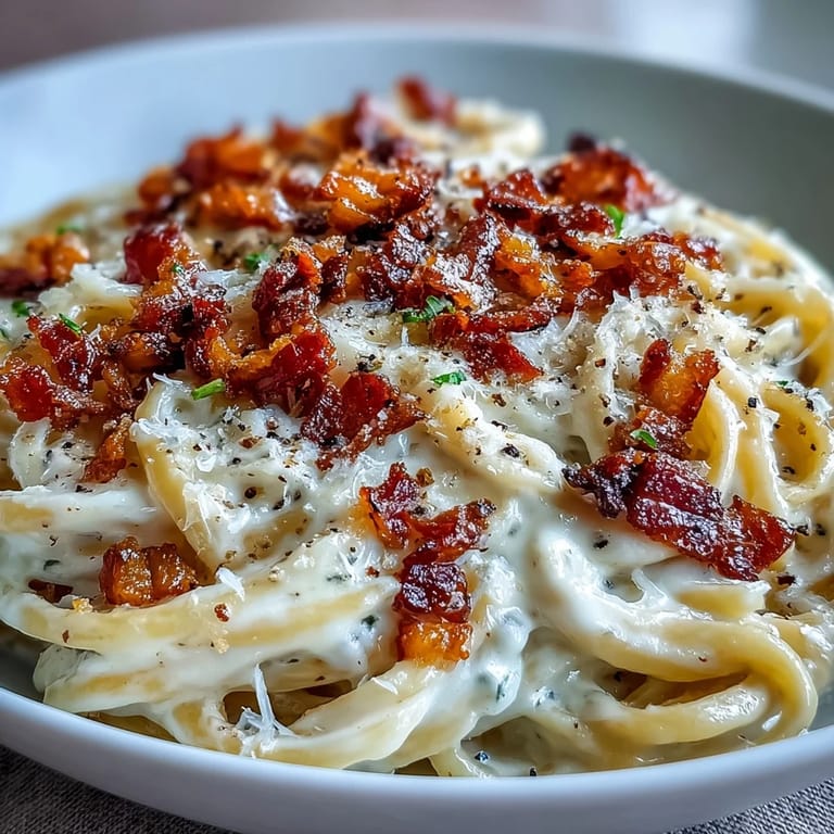 Celeriac Carbonara plated with fresh black pepper and extra Parmesan, a low-carb Italian-inspired dinner.