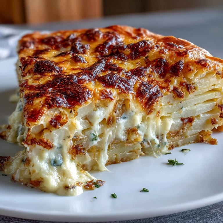 Steaming Cheese and Potato Pie with layers of thinly sliced potatoes, onions, and rich cheese filling.