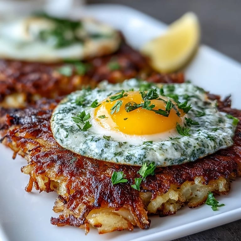 Crispy celeriac rösti, creamy harissa yogurt, and a sunny-side-up egg plated for a delicious vegetarian meal.
