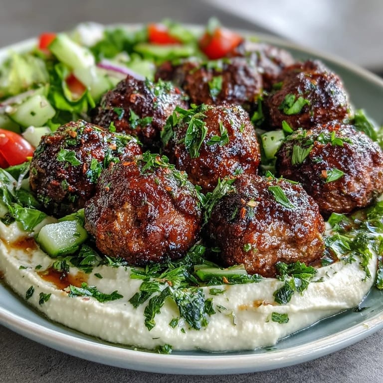 Savory venison meatballs with minty salad and hummus, perfect for a healthy dinner.
