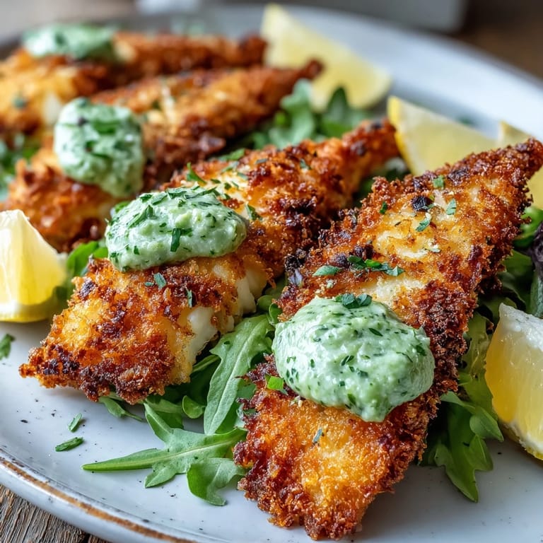 Crisp, hand-breaded Haddock Goujons With Parmesan Crust and a vibrant, creamy pea pesto dip, ready to be enjoyed for dinner.