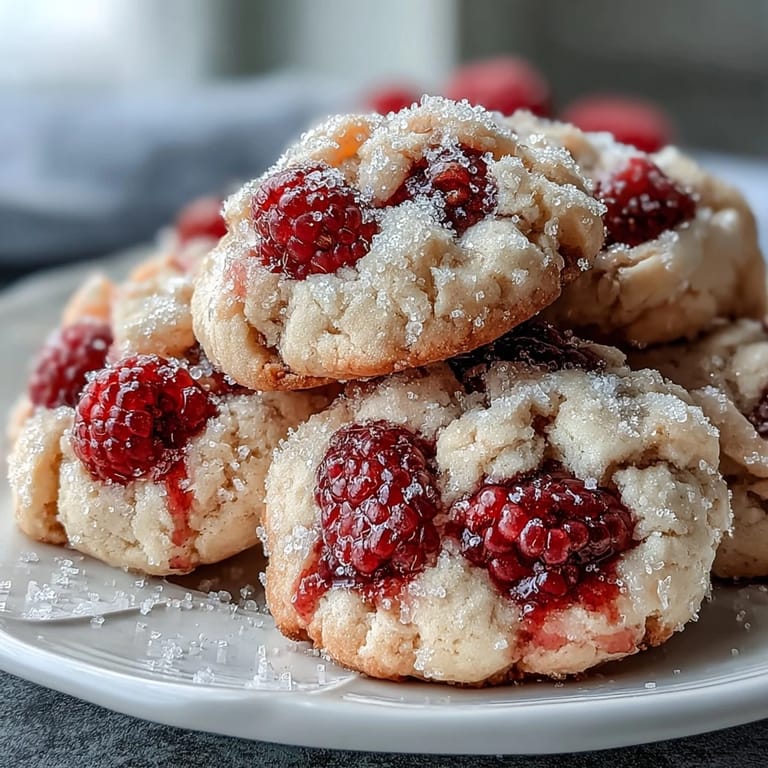 Warm chewy raspberry sugar cookies with ruby-red raspberries peeking from a sparkly crust, perfect for afternoon tea.