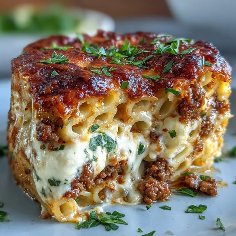 Al dente pasta and savory ground beef mingle in this Cottage Cheese Protein Pasta Bake, garnished with fresh green parsley.