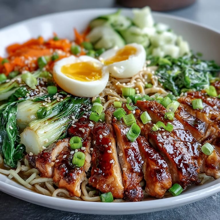 A close-up of Healthy Miso Chicken Noodle Bowls garnished with soft-boiled eggs, scallions, sesame seeds, and chili oil for extra heat.