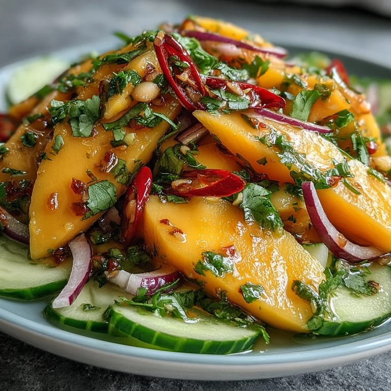 Refreshing Mango Salad with Lime Dressing served in a white bowl with a lime wedge, ideal for a light lunch.