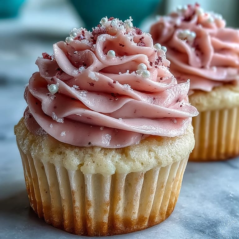 A platter of moist Pink Velvet Cupcakes with vanilla buttercream frosting.