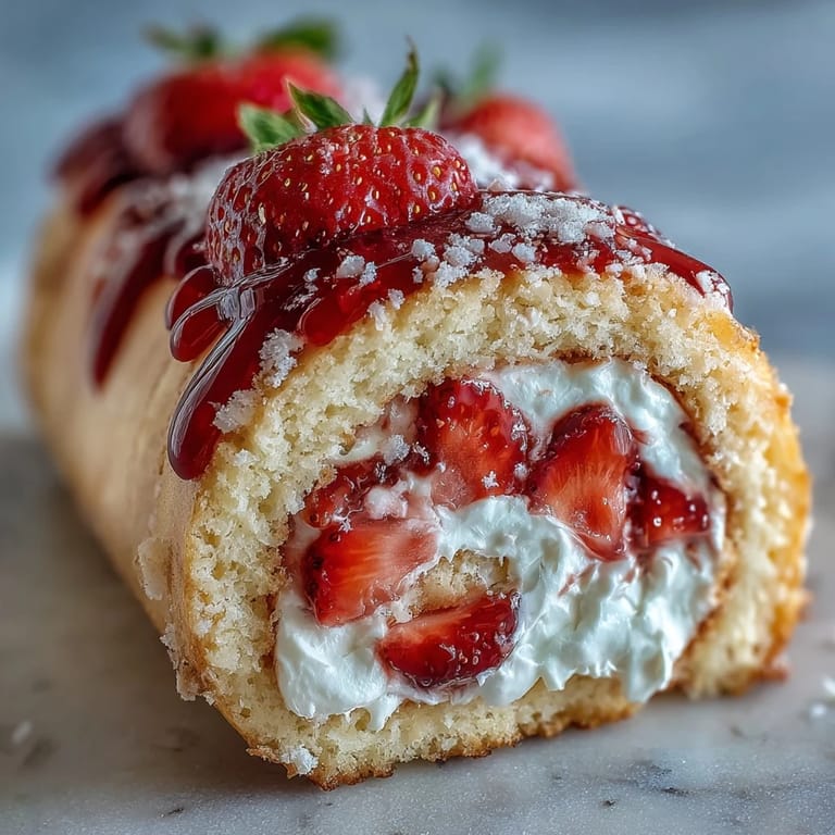 Freshly sliced Strawberry Shortcake Sushi Roll displays creamy layers and red berries on a clean white plate.
