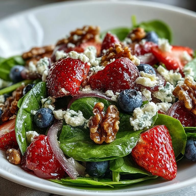 This easy vegetarian Spinach and Berry Salad Bowl showcases fresh spinach, colorful berries, and crumbled goat cheese, finished with honey-Dijon vinaigrette.