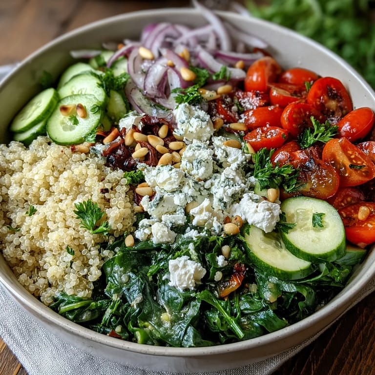 A vibrant Mediterranean Spinach and Feta Grain Bowl served in a ceramic bowl, ready for a light lunch.