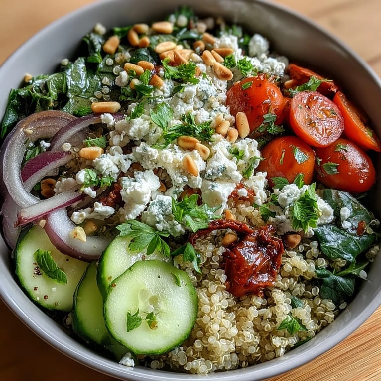 Close-up of a fresh Spinach and Feta Grain Bowl garnished with toasted pine nuts and chopped parsley.