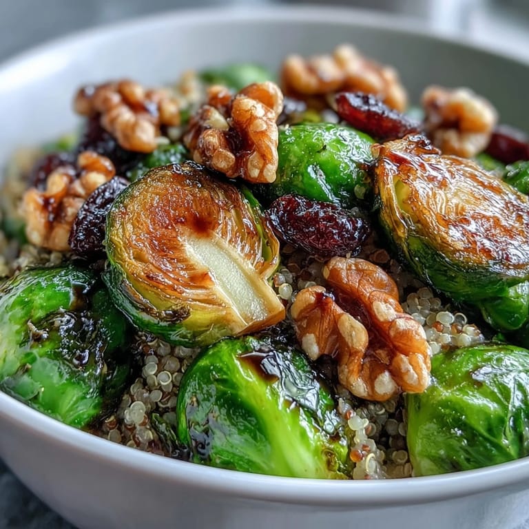 Crispy roasted Brussels sprouts bowl with tangy balsamic glaze, served warm over grains with optional pecans and pepitas.