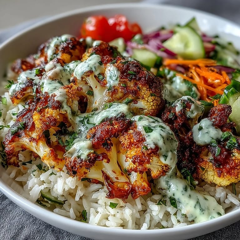 Golden herb-roasted cauliflower florets over rice, topped with fresh spinach, tomatoes, cucumbers, and carrots.