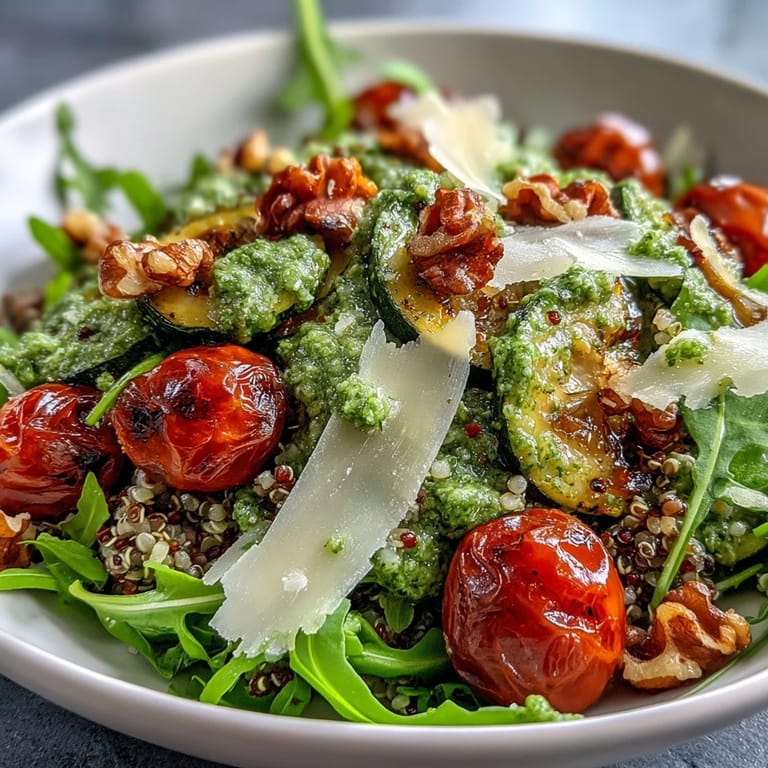 Close-up of a nourishing Arugula Pesto Bowl showing zesty green pesto drizzled over colorful roasted veggies and grains.
