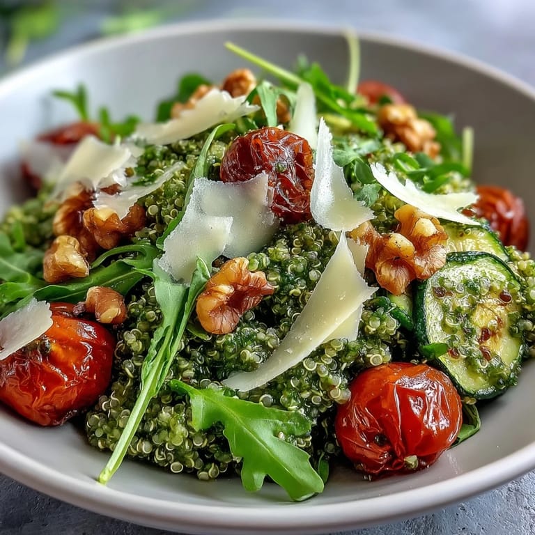 Vibrant Arugula Pesto Bowl topped with shaved Parmesan and toasted pine nuts, ready for a quick and healthy dinner. 