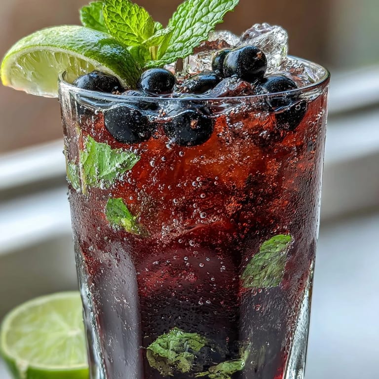 Black Currant Mojito with muddled mint, lime juice, and sparkling club soda, ready to sip on a sunny patio.