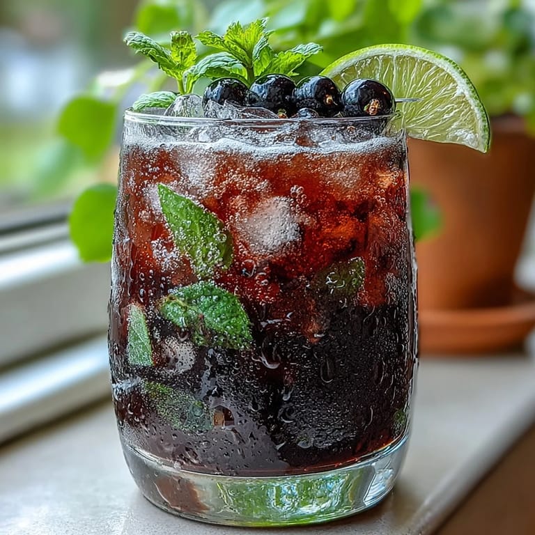 Vivid purple Black Currant Mojito topped with fresh berries, perfect for cooling down during summer gatherings.