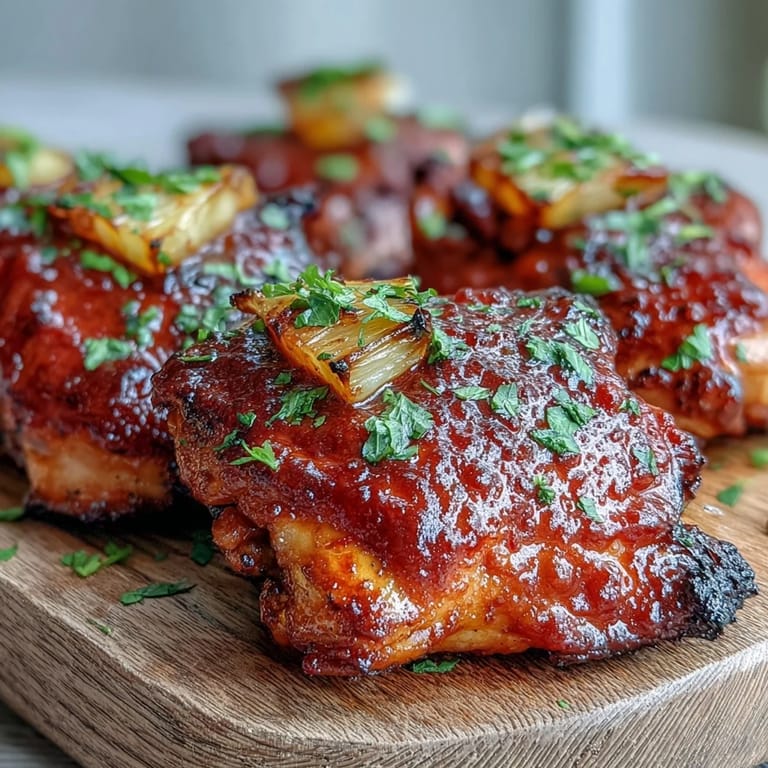 Roasted chicken thighs with a sticky guava BBQ sauce glaze, garnished with fresh parsley on a rustic plate.