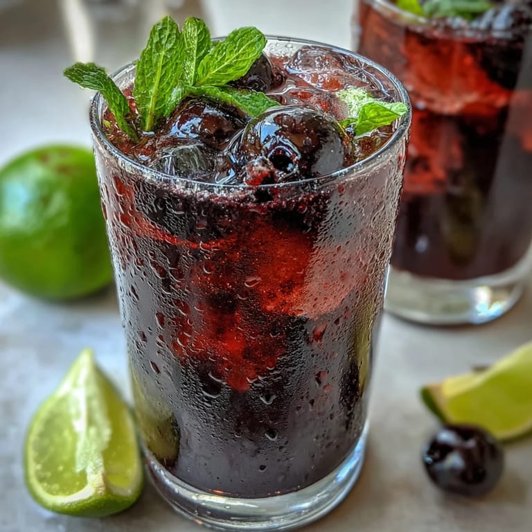 Homemade Tangy Blackcurrant Mojito topped with blackcurrants and mint, showcasing a deep purple hue and zesty citrus garnish on a wooden table.