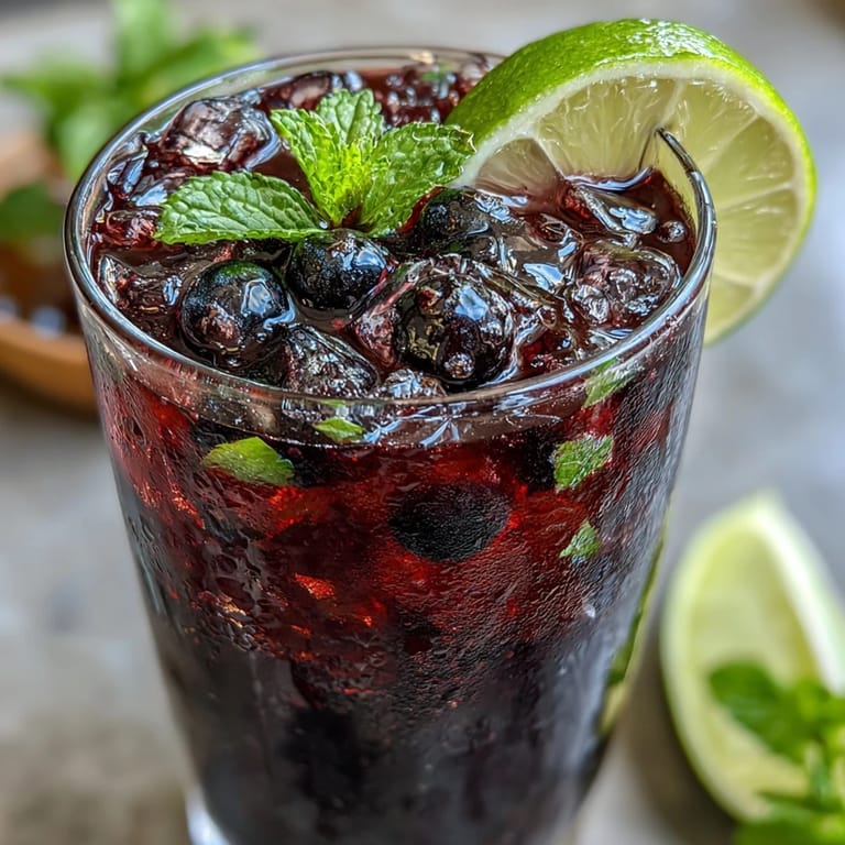 Close-up of a homemade Black Currant Mojito featuring soda water bubbles, a mint sprig garnish, and a rustic backdrop.