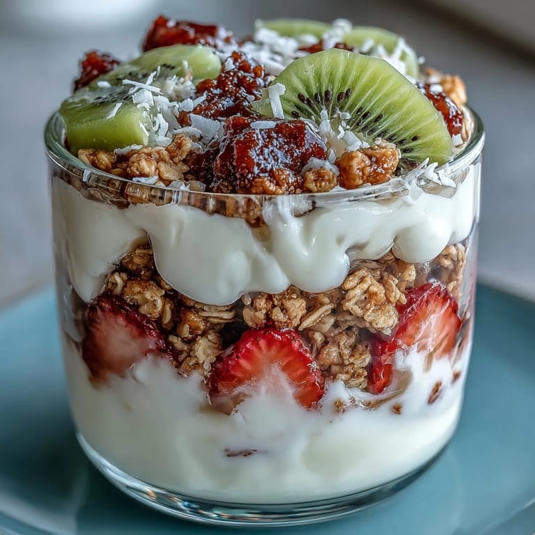 Layers of guava yogurt parfait with sliced strawberries and diced kiwi, garnished with shredded coconut and fresh mint.