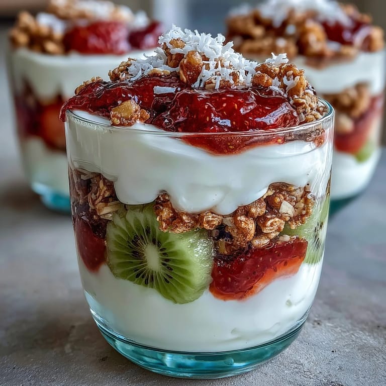 Finished guava yogurt parfait served in a glass, ready for breakfast or dessert, with extra granola on top.