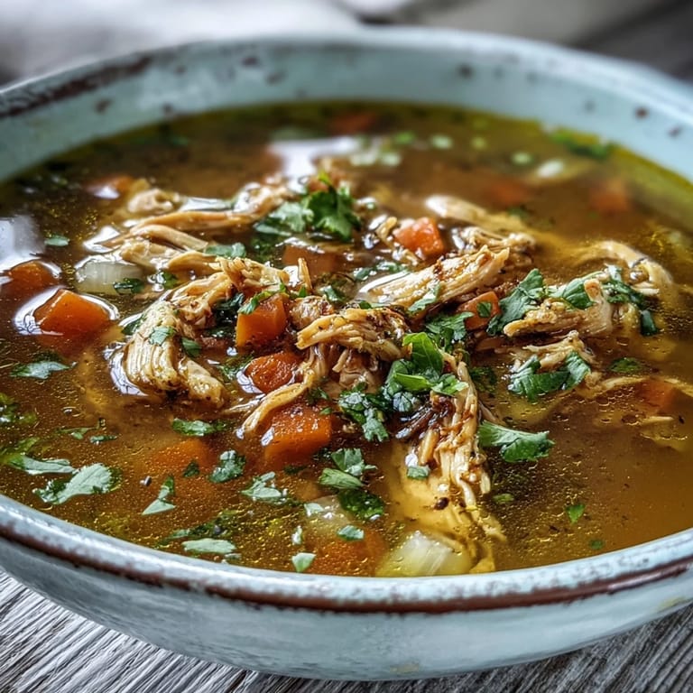 Overhead view of Anti-Inflammatory Turmeric Chicken Soup served in a rustic bowl, garnished with fresh cilantro and a lemon wedge.
