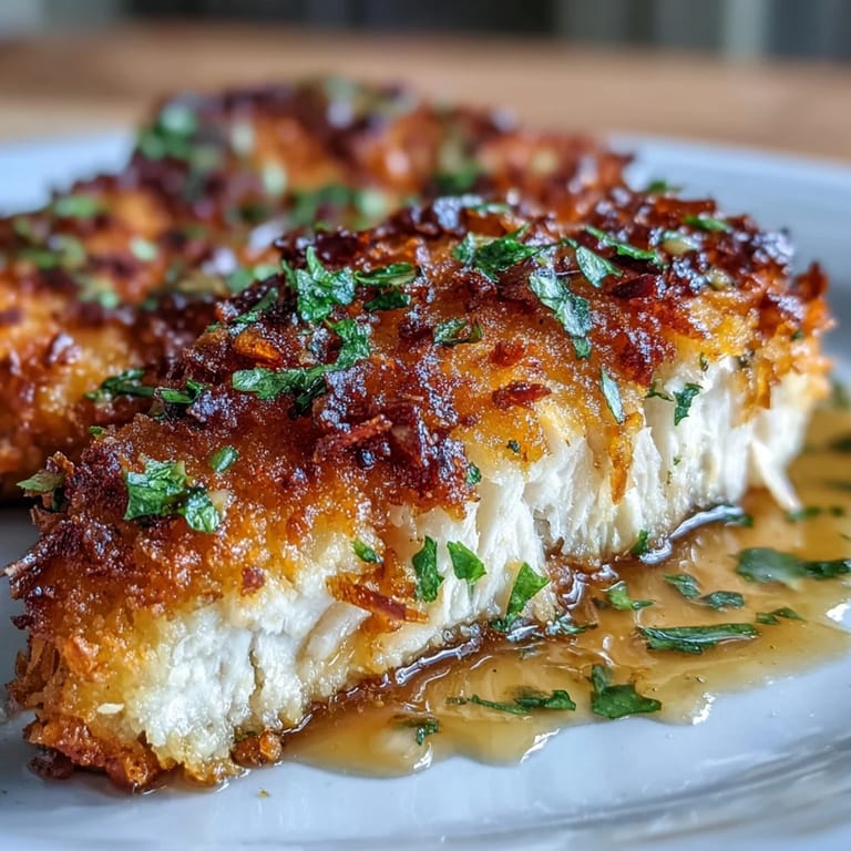 Seared Lemon Parmesan Crusted Chicken served over angel hair pasta with lemon butter sauce.