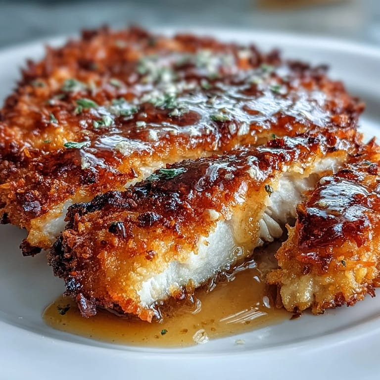 Golden-brown Lemon Parmesan Crusted Chicken cutlets topped with fresh parsley and lemon slices.