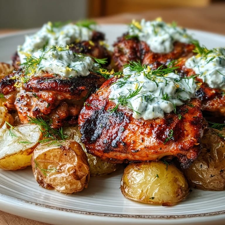 Juicy Spicy Yogurt Marinated Chicken topped with tangy dill feta cream and crispy roasted baby potatoes, perfect for weeknights.