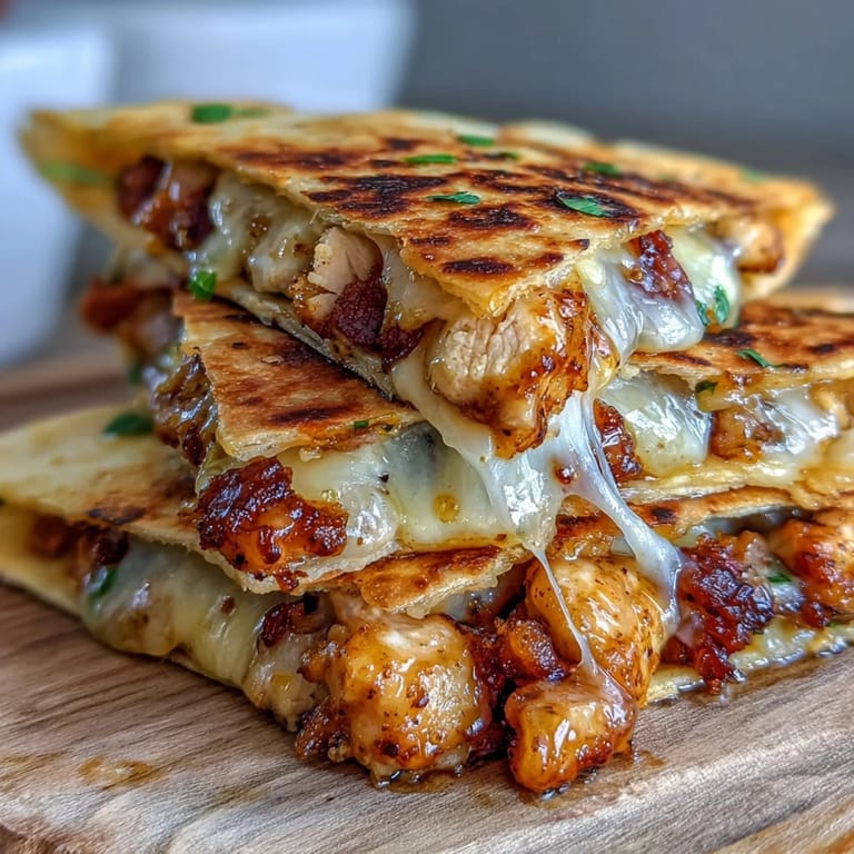 Crispy grilled tortilla wedge revealing layers of sweet and spicy hot honey chicken and gooey cheese in Cheesy Hot Honey Chicken Quesadillas.