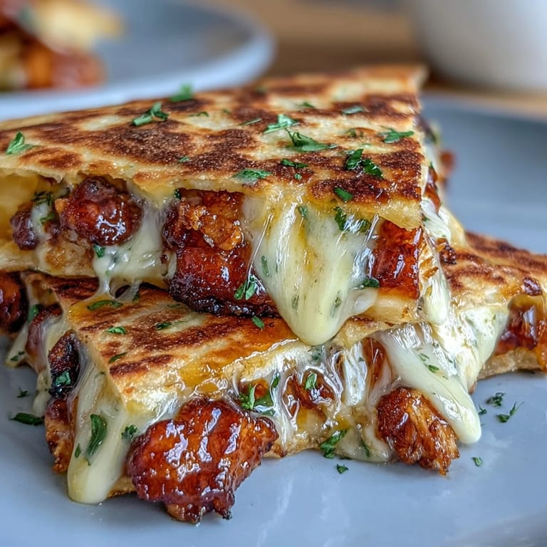Fresh cilantro garnish on warm Cheesy Hot Honey Chicken Quesadillas beside a bowl of zesty jalapeño cream sauce for dipping.