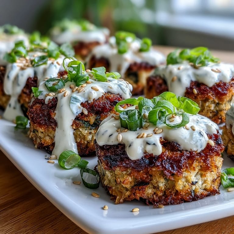 Close-up of Asian-Style Tuna Cakes topped with creamy spicy mayo and sliced green onions.