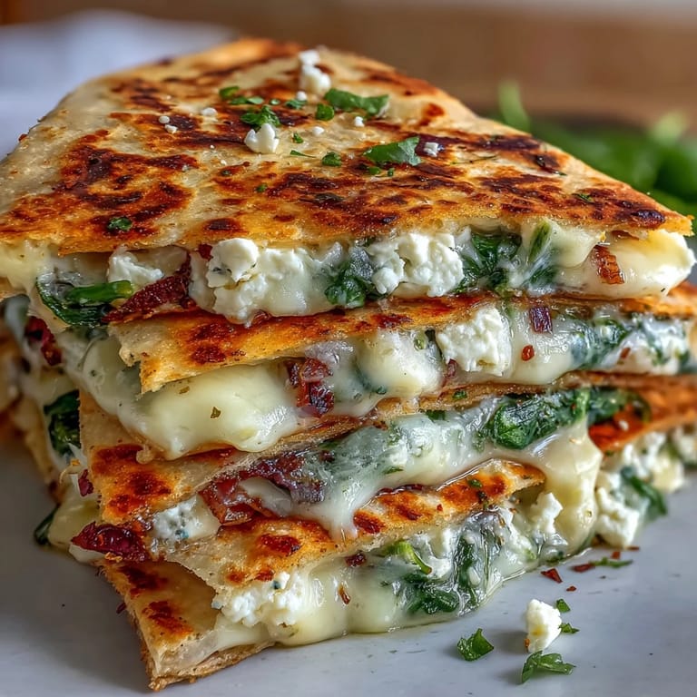 A golden-brown slice of Mediterranean Quesadillas reveals a savory filling of wilted spinach and feta.