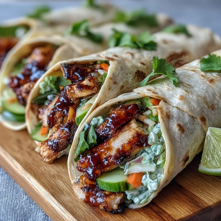 Sliced Sweet Chili Chicken Wraps show layered fillings of juicy chicken, shredded carrots, and diced cucumbers, served with lime wedges.