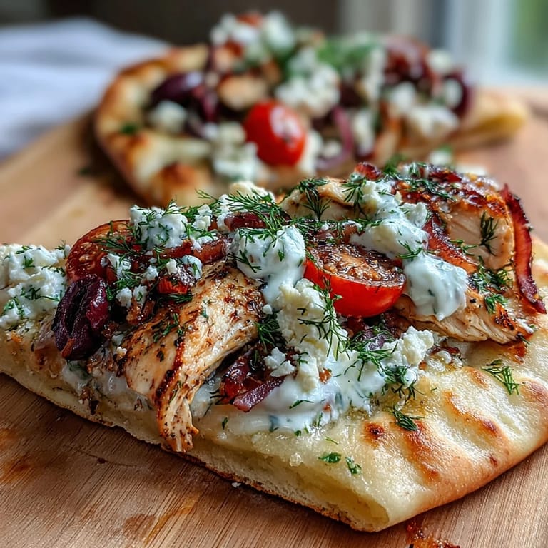 Greek-inspired Lemon Feta Chicken Naan Pizza served hot, garnished with fresh dill and ready to slice for dinner.