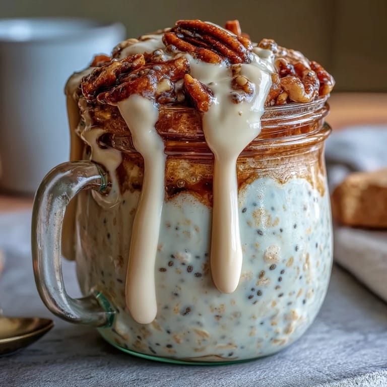 A jar of High-Protein Cinnamon Roll Overnight Oats next to maple syrup, showcasing the thick, cinnamon-spiced texture and creamy topping.