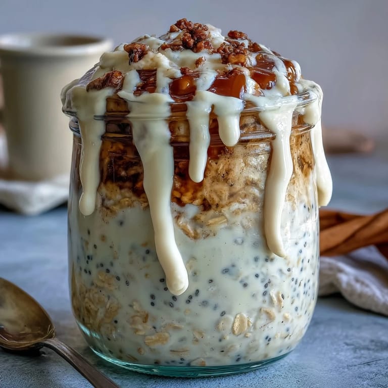 Two jars of High-Protein Cinnamon Roll Overnight Oats garnished with chopped pecans and a wooden spoon for a rustic breakfast.