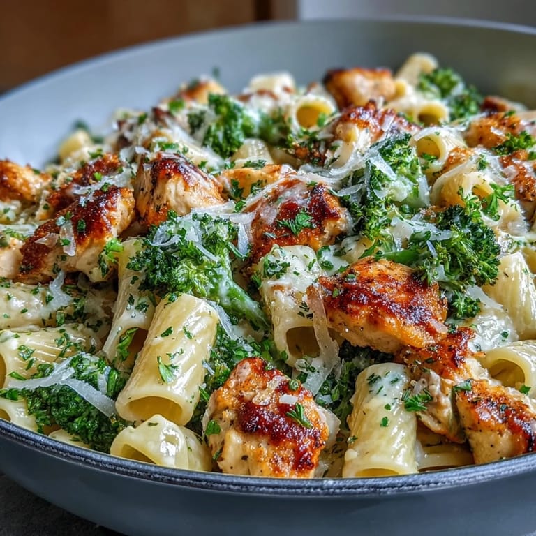 Tender chicken and crisp broccoli florets tossed with pasta in a creamy garlic Parmesan sauce.