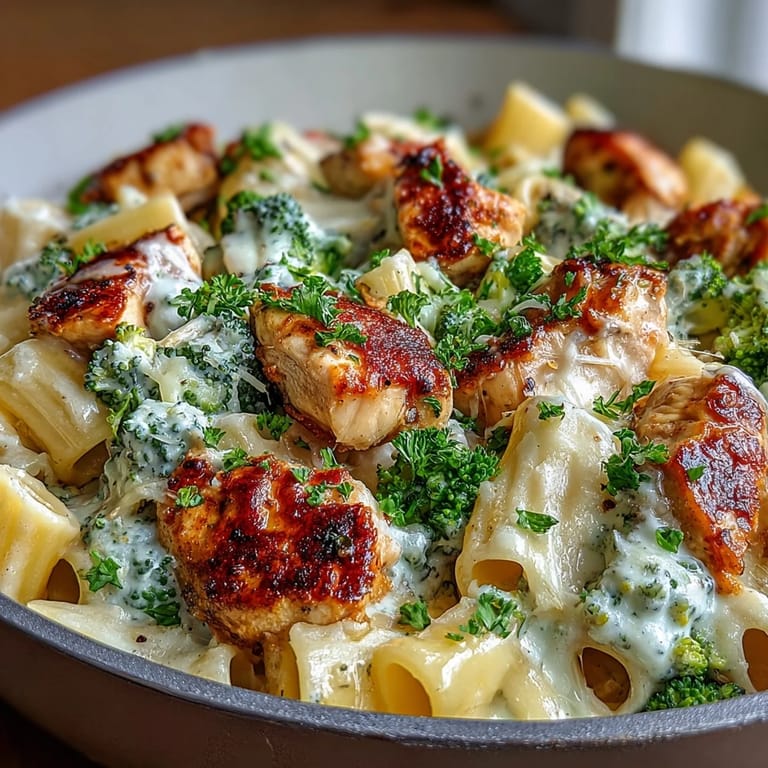 Garlic Parmesan Broccoli & Chicken Pasta served hot, topped with extra grated Parmesan.