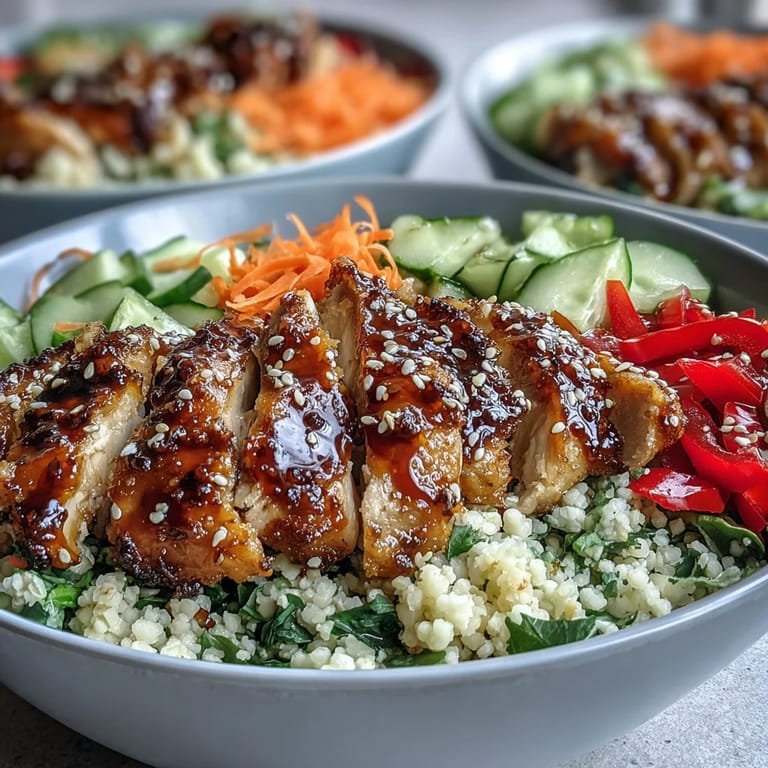 Hearty sesame ginger chicken couscous bowls with tender chicken breast over pearl couscous, ready to serve warm.